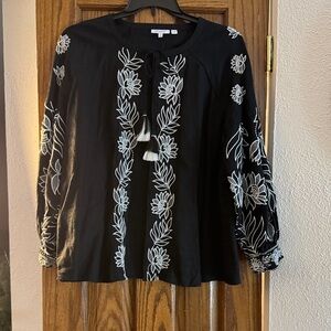 Chico's Black Blouse with White Floral Embroidery